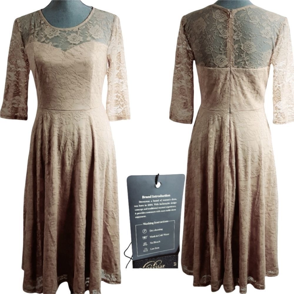Dressystar NWT gorgeous tan/caramel colored, lace,lined, Size Medium